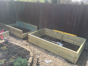 Construction of a pressure treated, tanalised, timber raised planting bed with Stabila spirit level